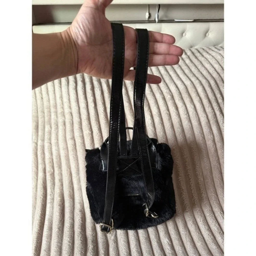 Steve‎ Madden Black Faux Fur Mini Backpack Patent Trim Fuzzy Bag Y2K Small